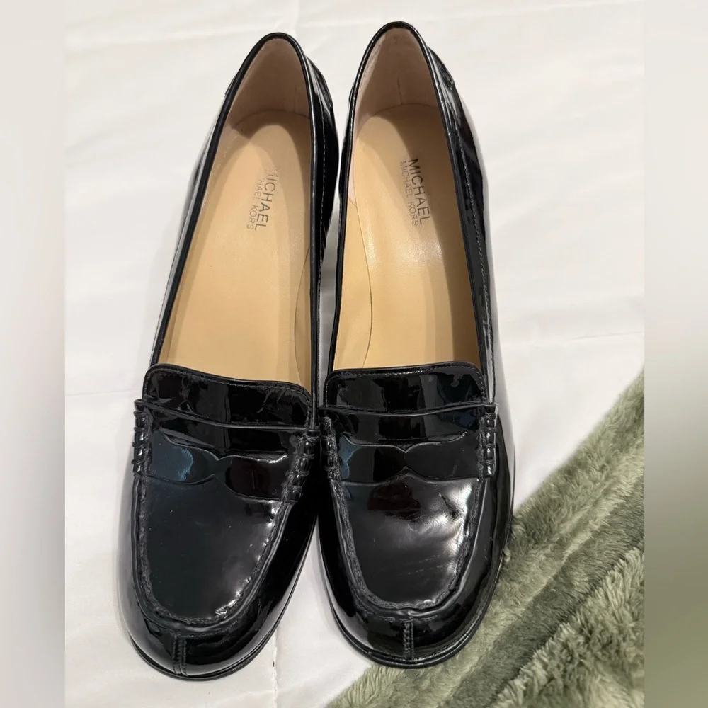 Michael Kors Black Patent Leather Block Heel Loafers - Picture 2 of 7